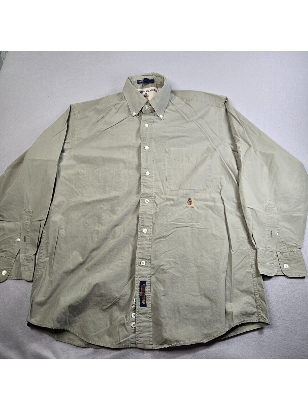 VTG Tommy Hilfiger Shirt Men Large Khaki Solid Pockets Lion Crest Embroidered *